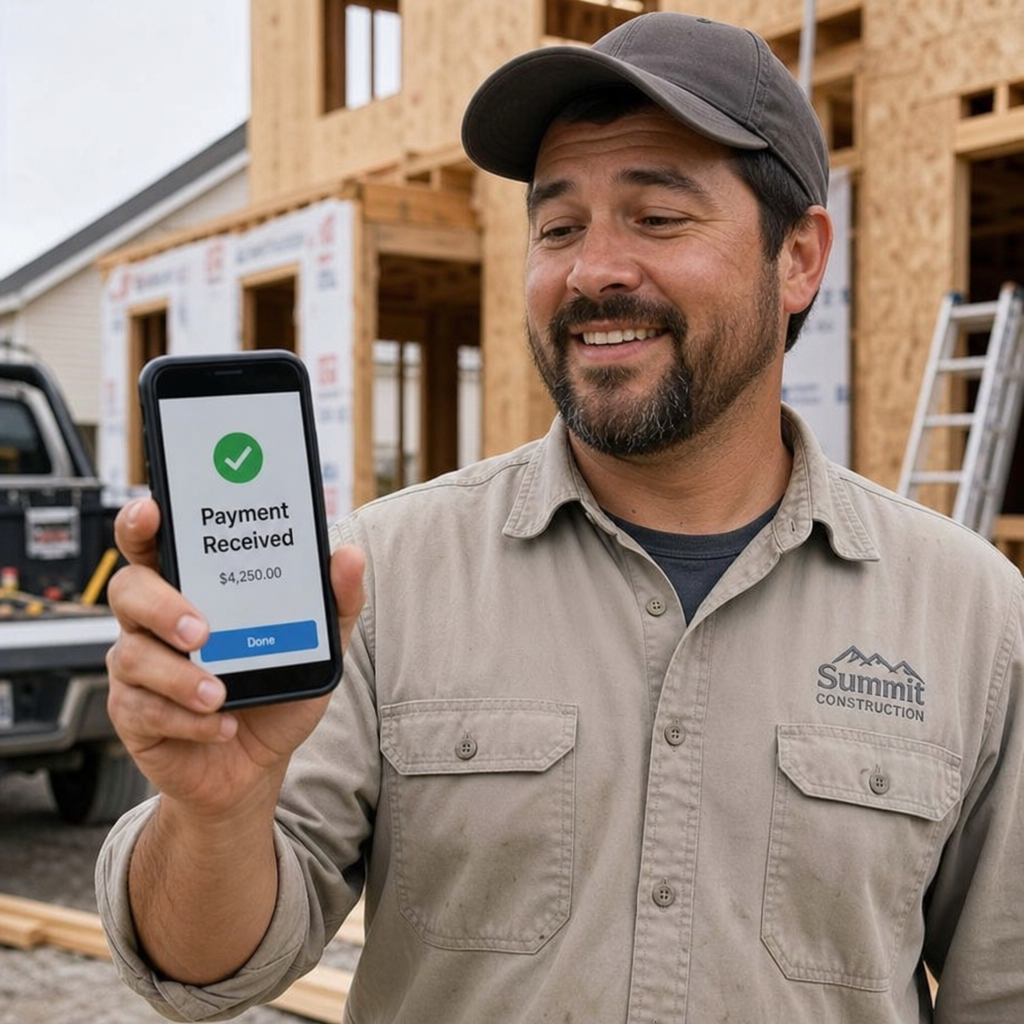 A contractor in a work shirt holding a smartphone on a job site, looking relieved as a 'Payment Received' notification appears on the screen.