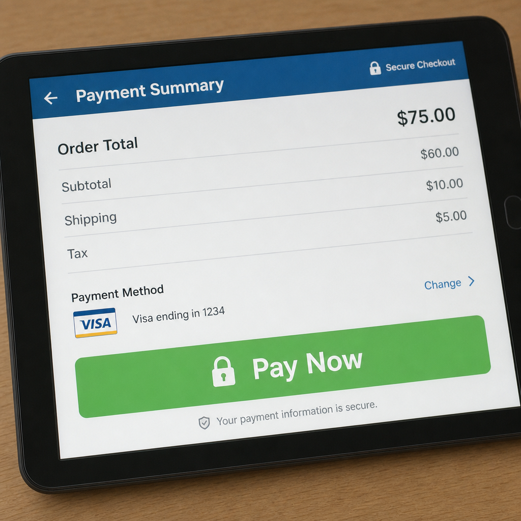 A close-up of a tablet showing a simple, clean interface with a large 'Pay Now' button highlighted in a friendly color.