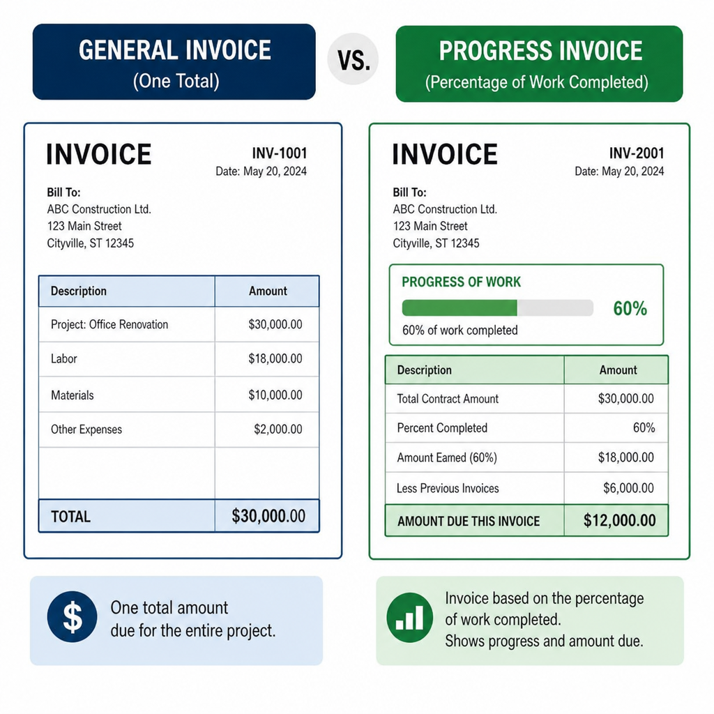 A simple visual comparison showing a 'General' invoice (one total) vs. a 'Progress' invoice (showing percentage of work completed).