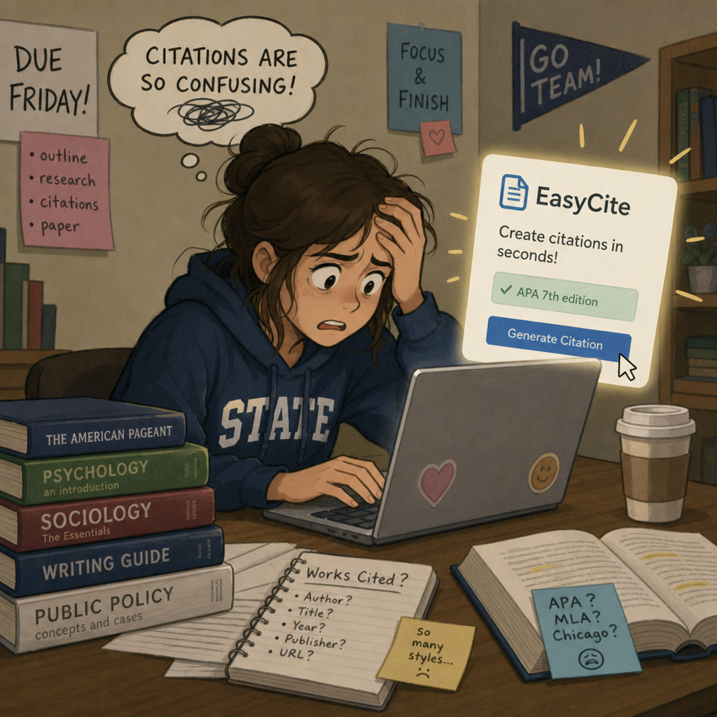 A stressed student typing on a laptop surrounded by books, discovering a digital citation tool