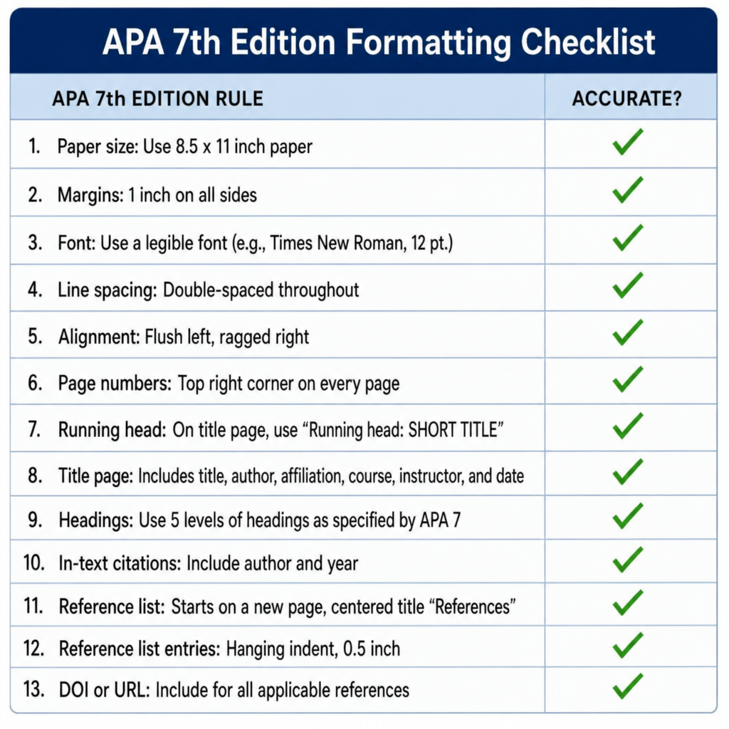 Checklist showing correct APA 7th edition formatting rules and a green checkmark for accuracy
