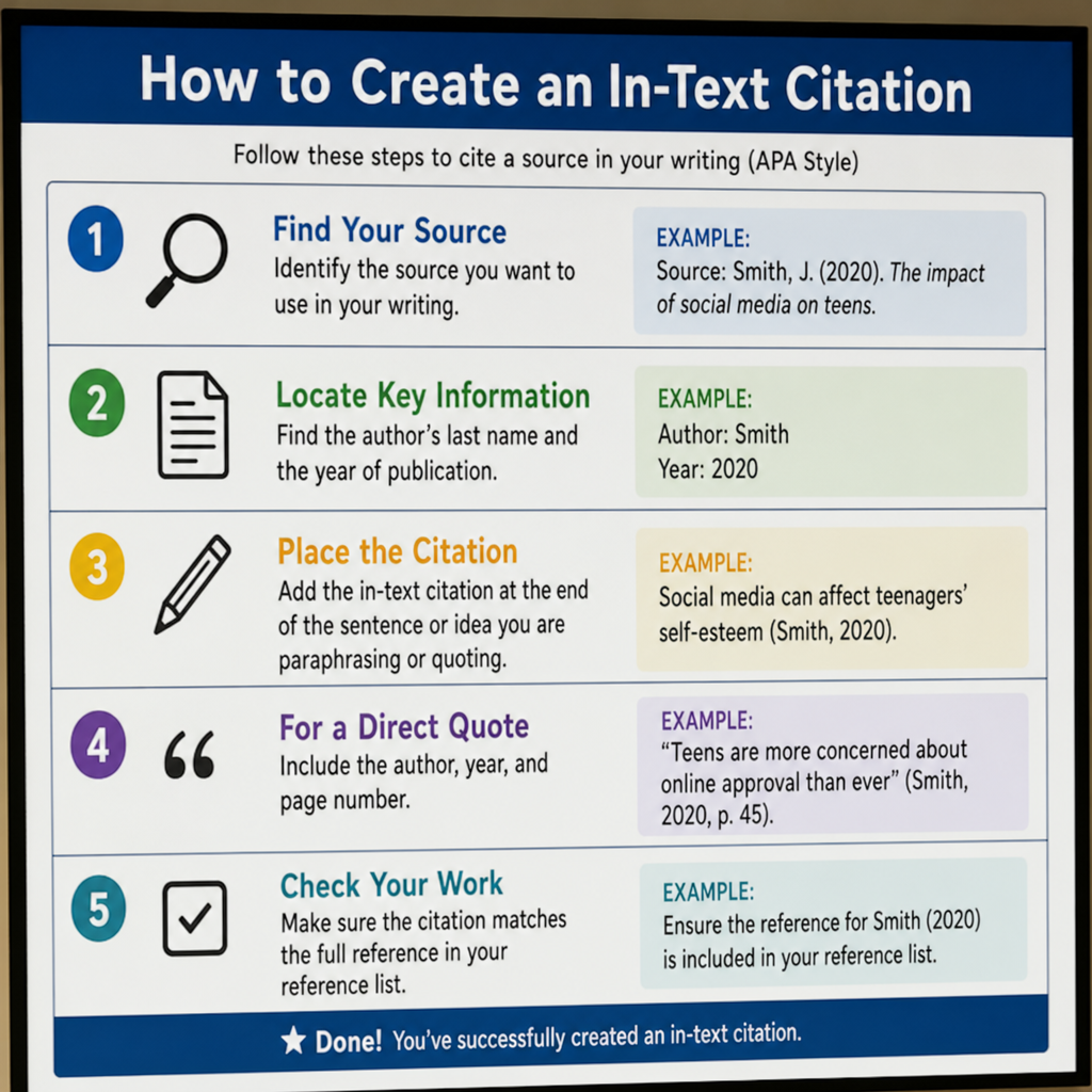 A digital screen showing a step-by-step process of creating an in-text citation