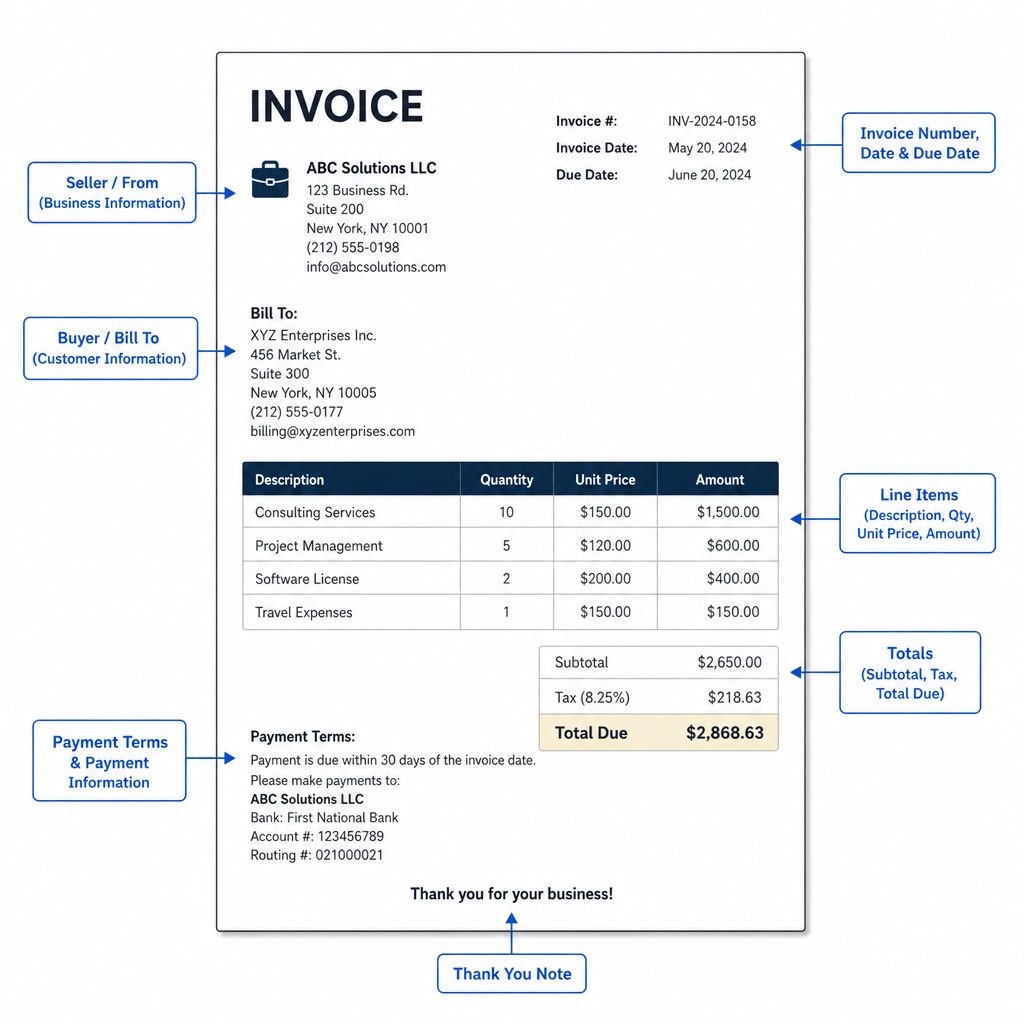 A clean, minimalist business invoice with labels pointing to the key components.