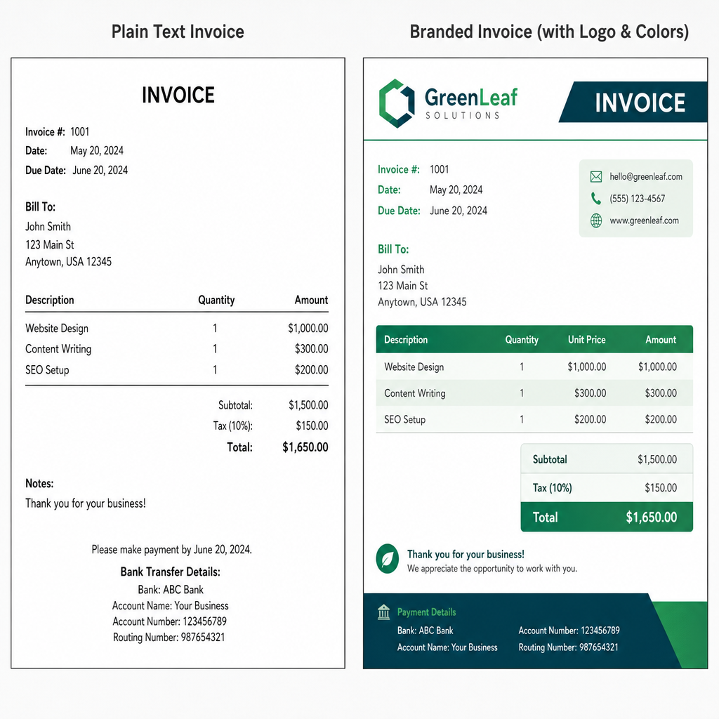 Side-by-side comparison of a plain text invoice versus one with a logo and brand colors.