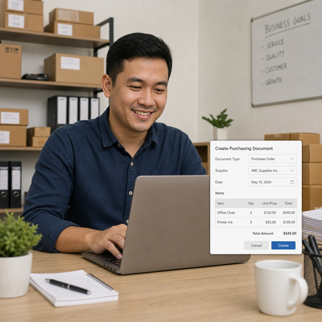 Business owner happily using a laptop to create digital purchasing documents