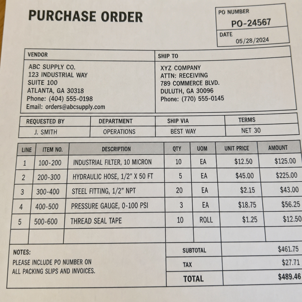 Close up of a purchase order form detailing line items and vendor information