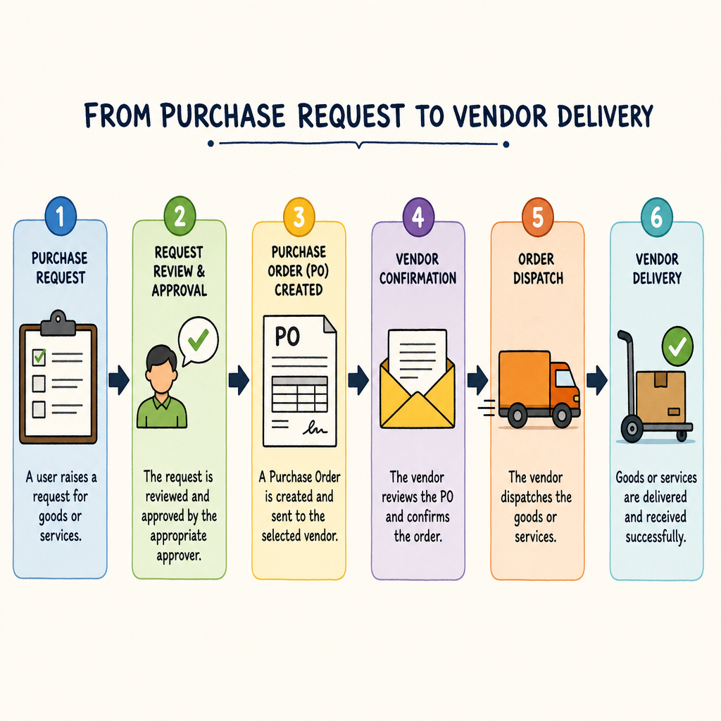 A stylized graphic showing the workflow from purchase request to vendor delivery
