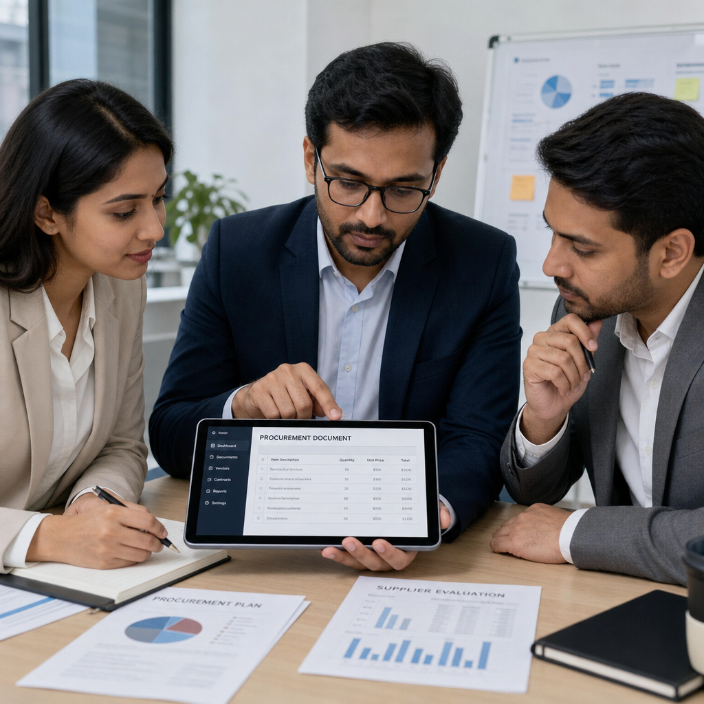A team of professionals analyzing digital procurement documents on a tablet