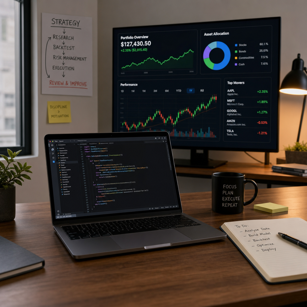 A modern workspace showing a laptop with code on the screen and financial charts in the background in English