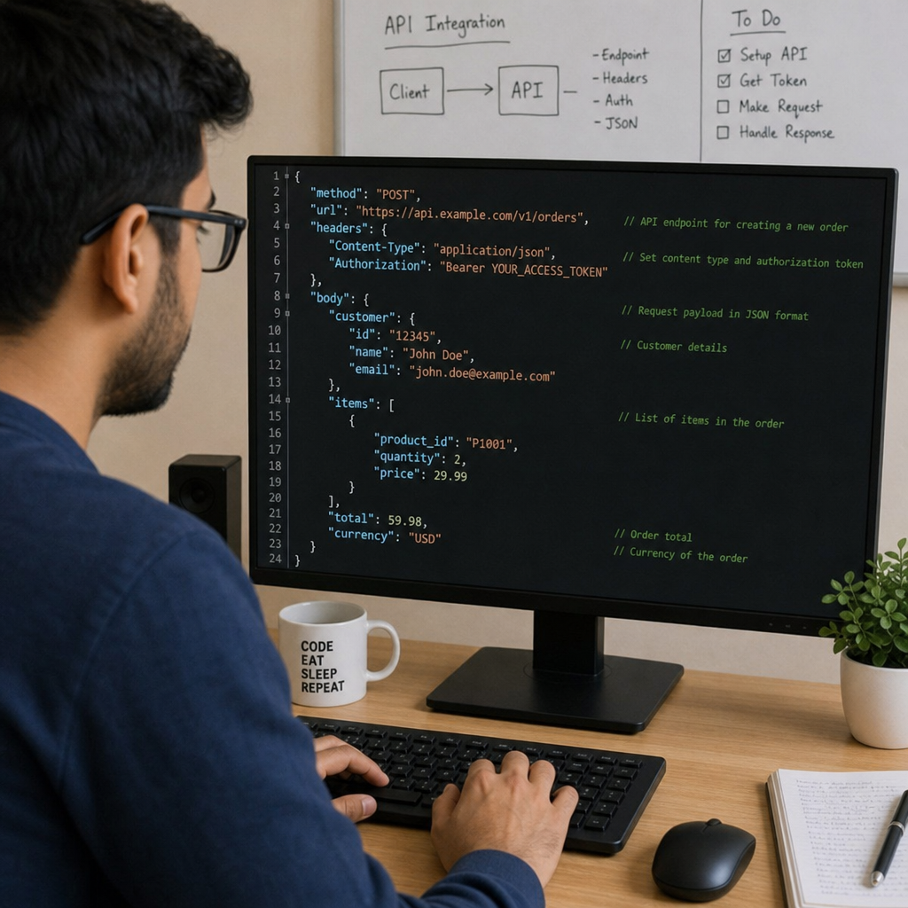 Developer writing JSON code for an API integration in English