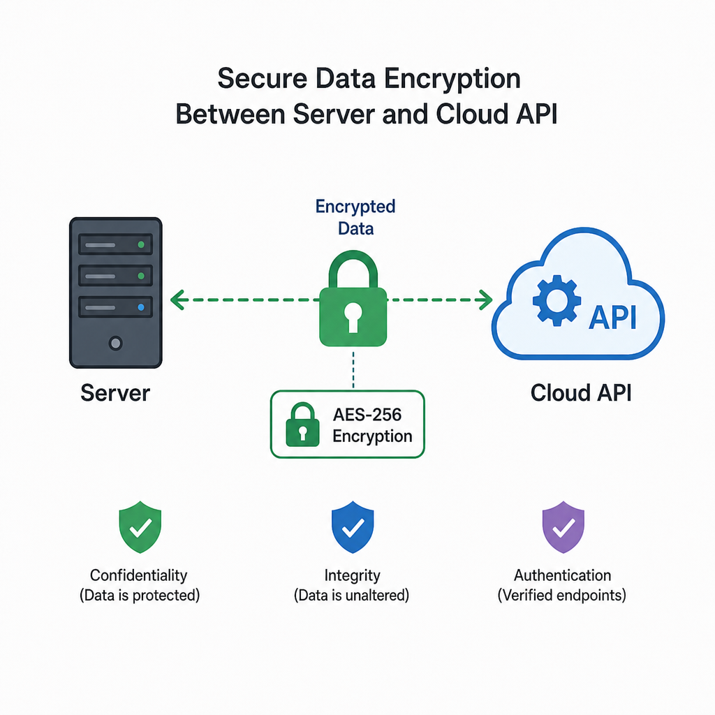 A graphic representing secure data encryption between a server and a cloud API in English