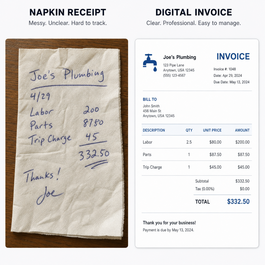 A clean, side-by-side visual comparison of a messy, handwritten napkin receipt versus a crisp, modern digital invoice with clear headings.