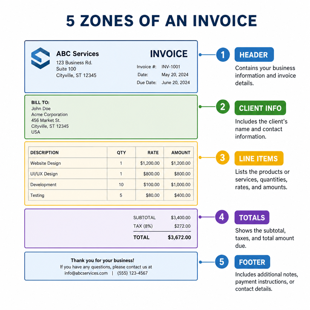 A simple infographic highlighting five distinct zones on a standard invoice: Header, Client Info, Line Items, Totals, and Footer.