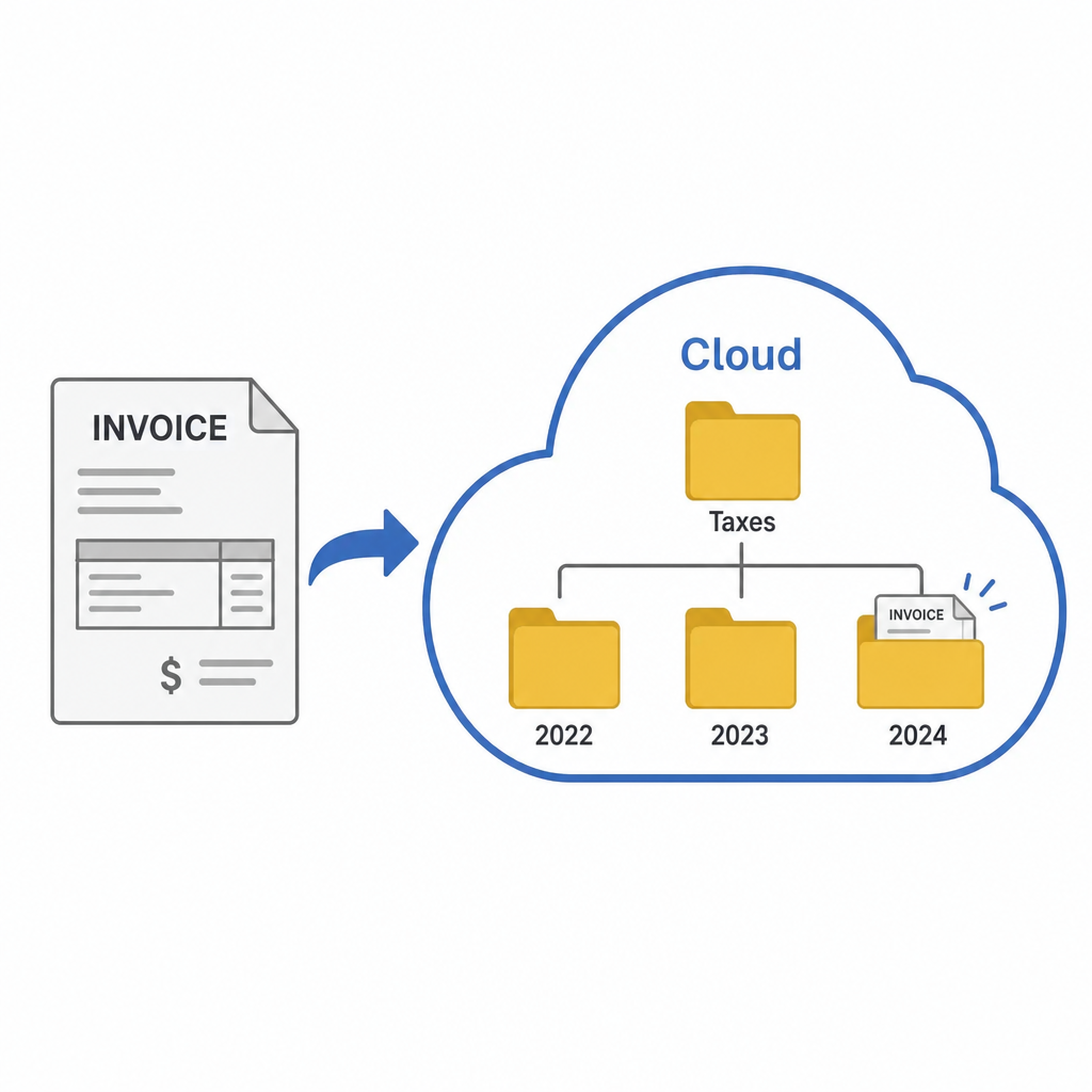 A simple conceptual graphic showing an invoice being saved into a digital "Cloud" folder, labeled with tax years.