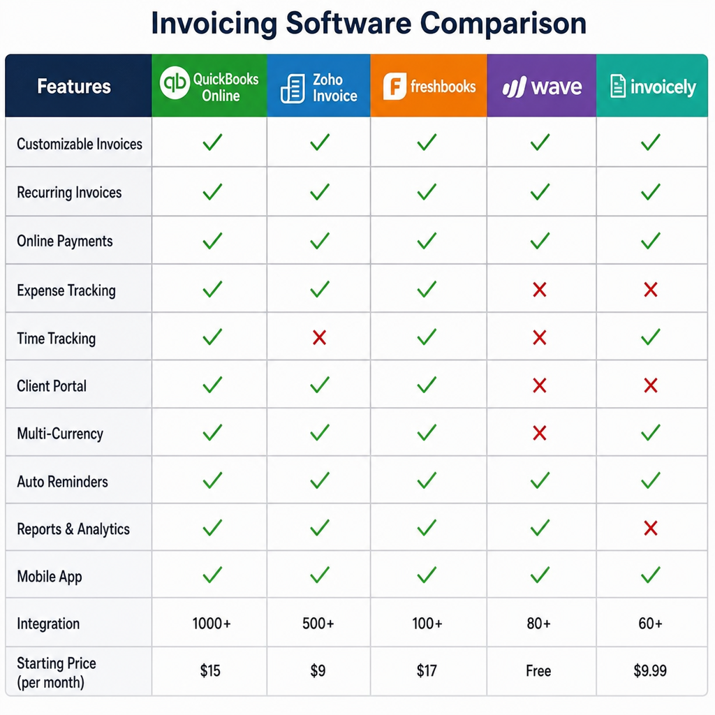 A comparison chart of different invoicing software features