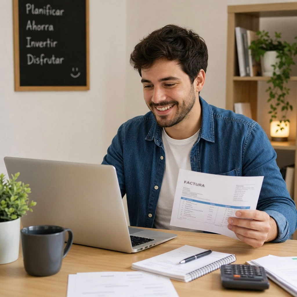Persona trabajando felizmente en su ordenador portátil gestionando sus facturas