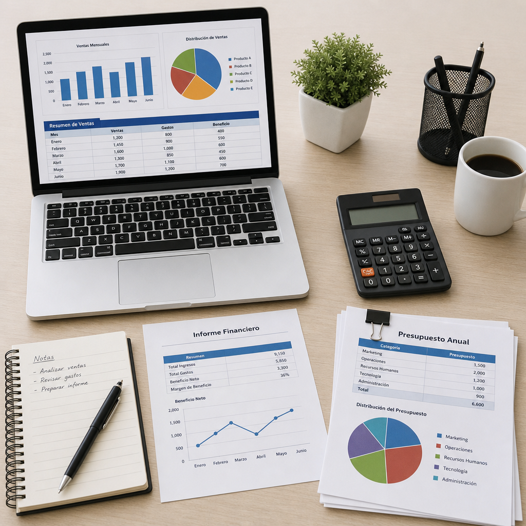 Gráficos financieros y documentos ordenados en un escritorio moderno