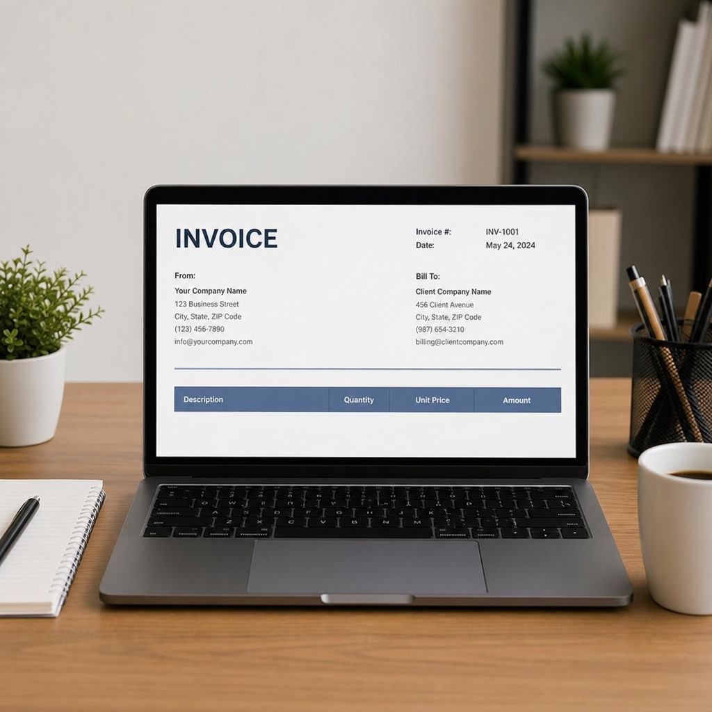 A high-quality photo of a clean, organized desk with a laptop showing a simplified invoice header section.