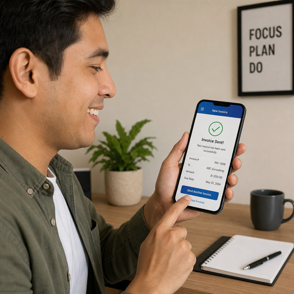 A person smiling while using a smartphone app to send an invoice, illustrating ease of use.