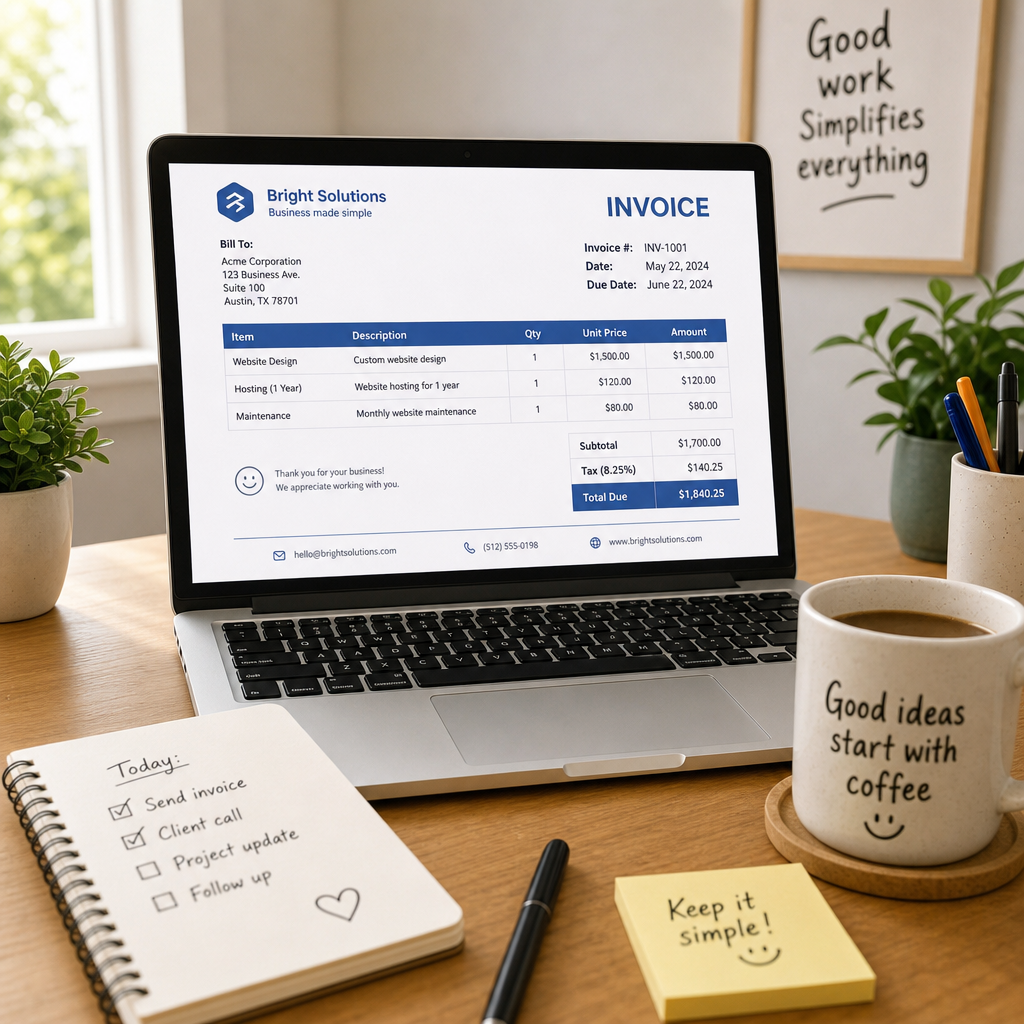 A friendly, bright workspace with a laptop showing a clean, professional invoice and a cup of coffee, signifying a stress-free billing experience.