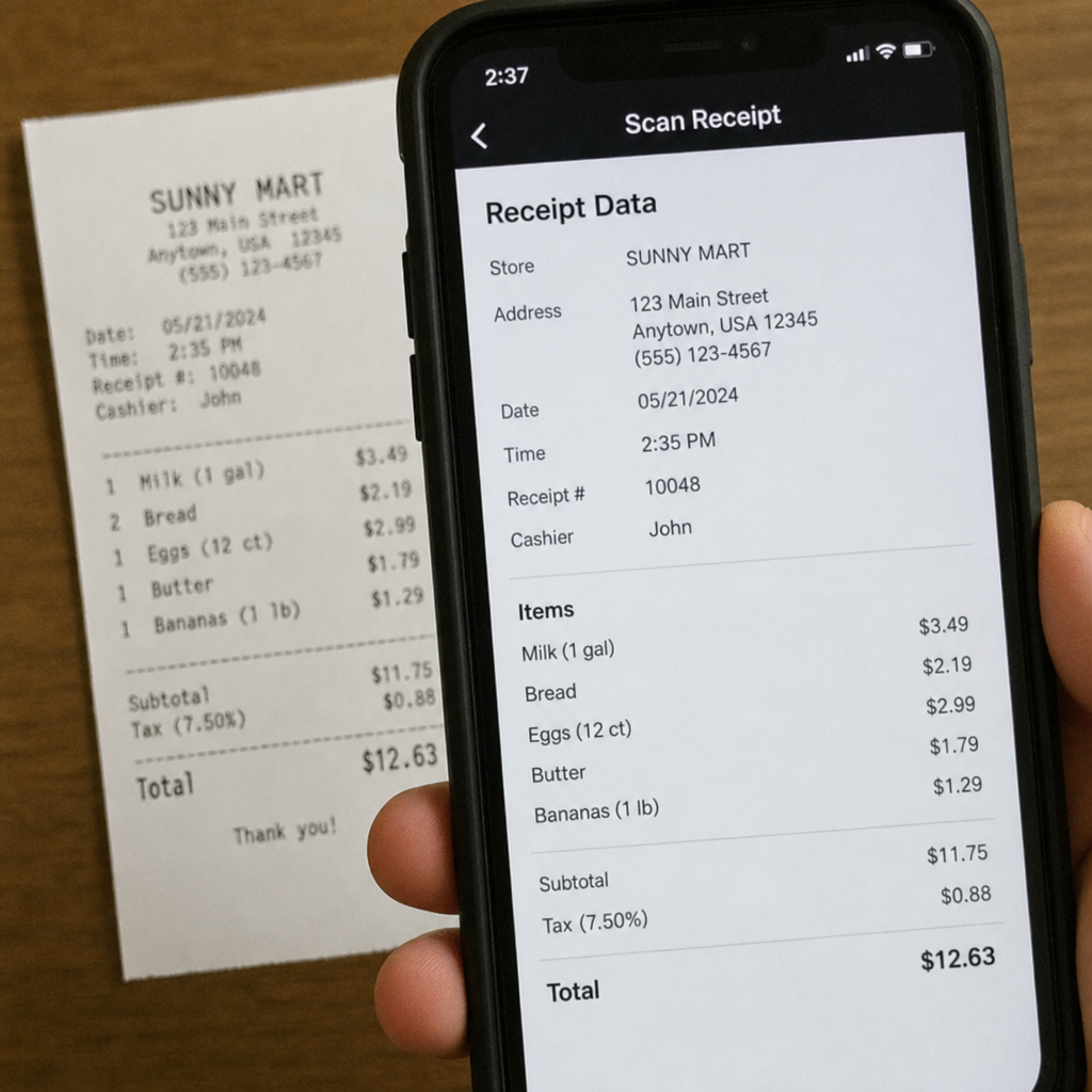 A close-up of a smartphone scanning a paper receipt, with the data appearing as digital text on the screen.
