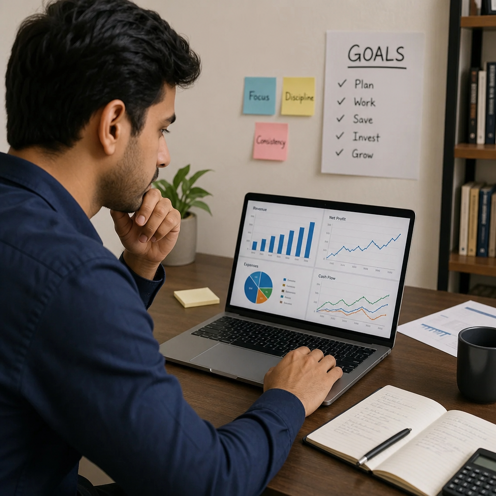entrepreneur analyzing financial charts on a laptop