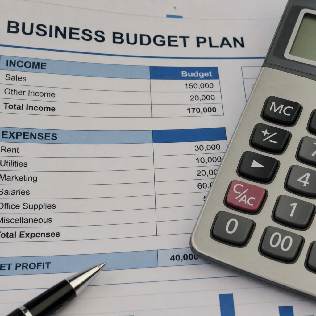 close up of a business budget plan and calculator