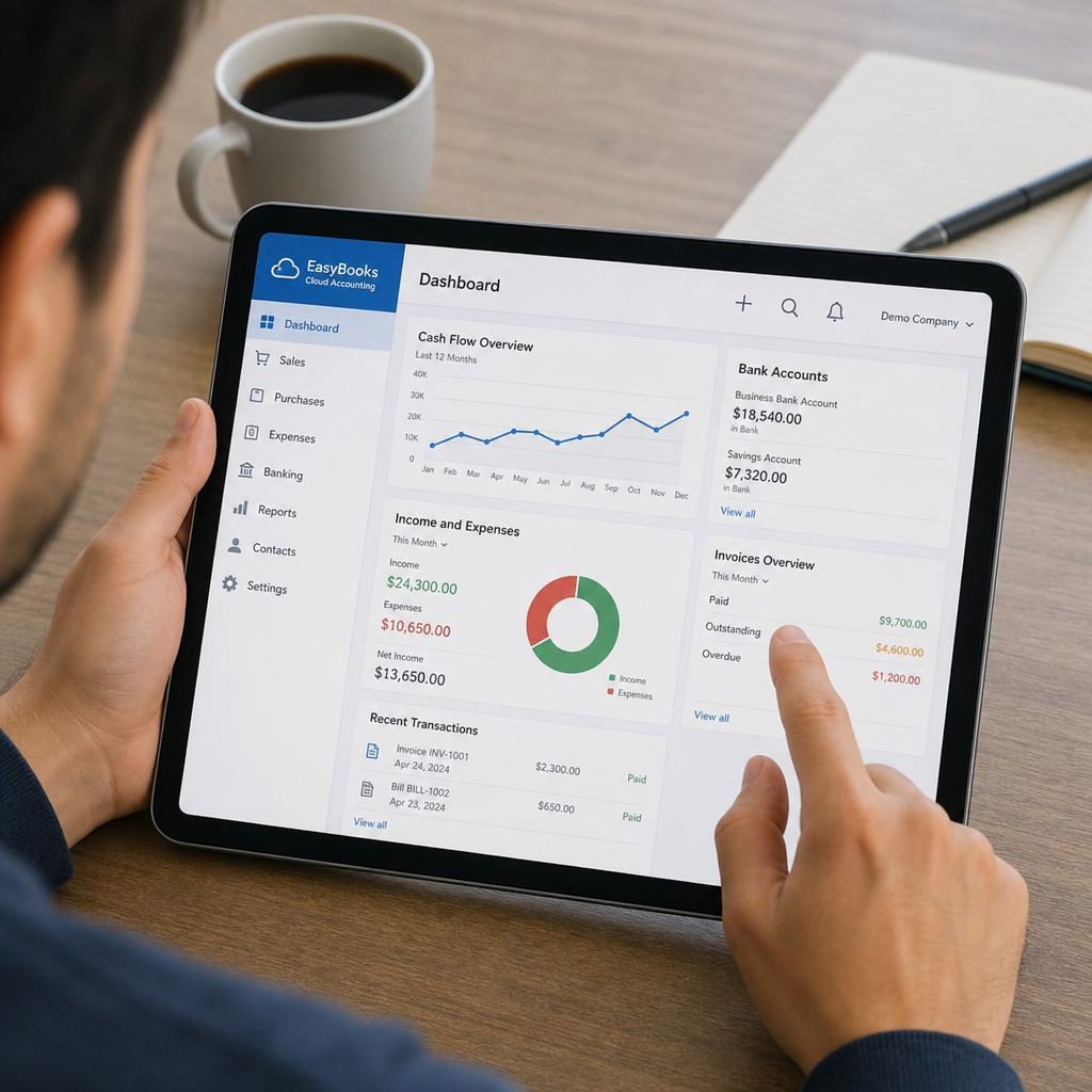 person using cloud accounting software on a tablet