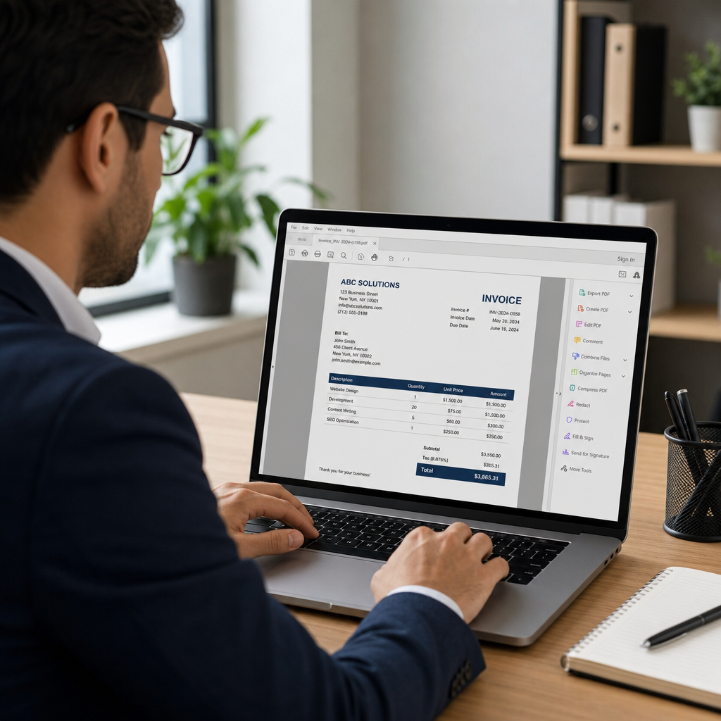 Professional working on a laptop generating a PDF invoice