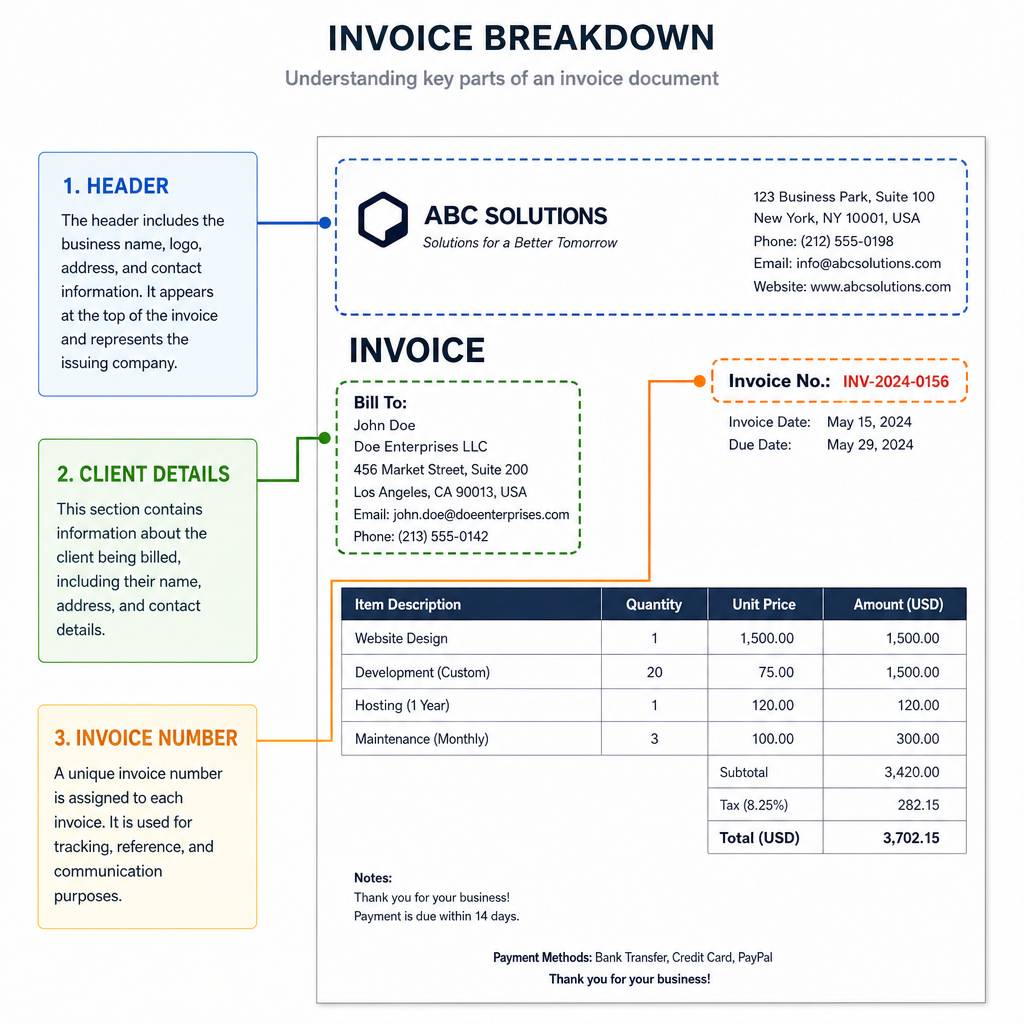 A detailed breakdown of an invoice document highlighting the header, client details, and invoice number