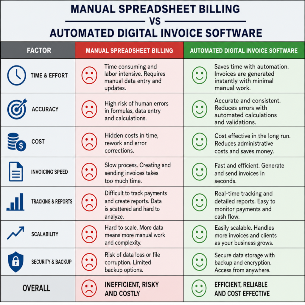 Comparison chart showing manual spreadsheet billing versus automated digital invoice software