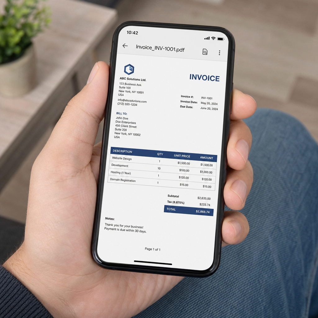 A person viewing a perfectly formatted PDF invoice on a mobile smartphone screen