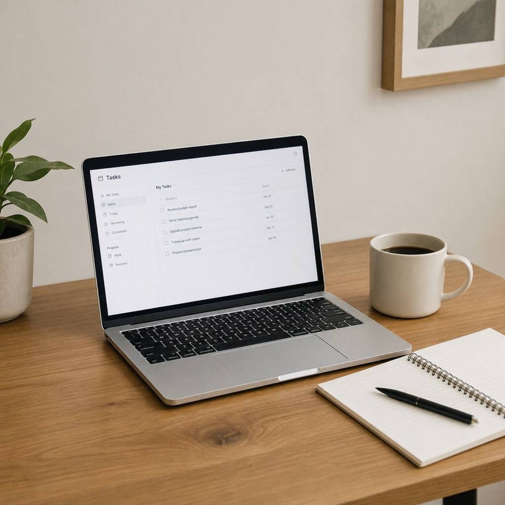 A clean, minimalist photo of a laptop on a wooden desk next to a coffee cup, representing a calm workspace for administrative tasks.