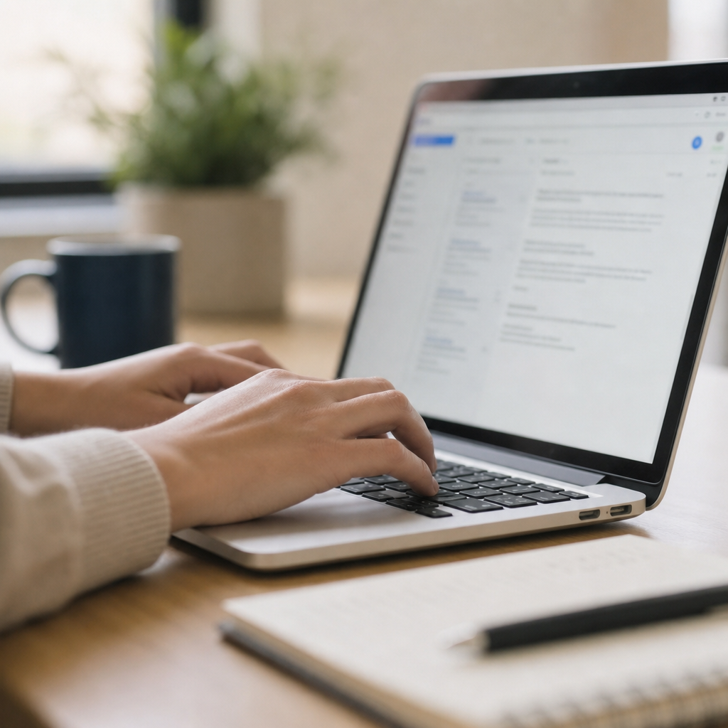 A person's hand typing on a laptop with a soft-focus background, suggesting a professional communication in progress.