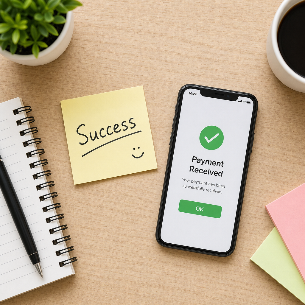 A bright, overhead shot of a clean desk with a small 'Success' note and a smartphone showing a 'Payment Received' notification.