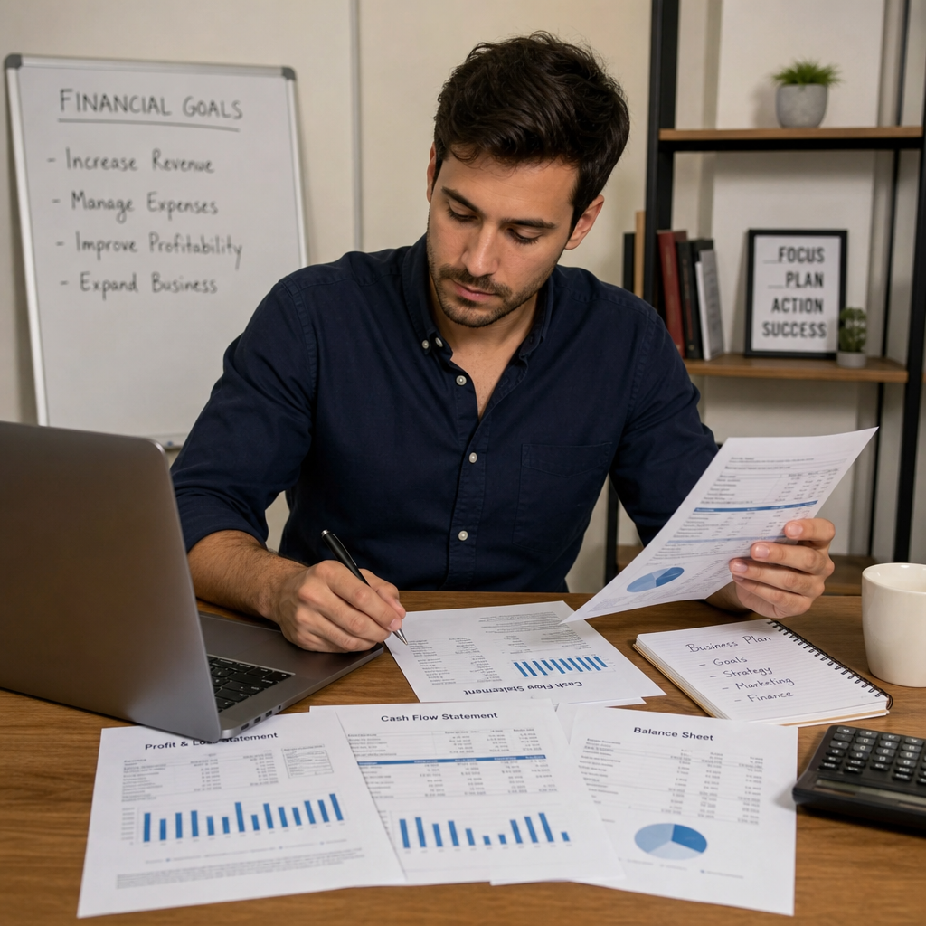 Entrepreneur organizing financial documents on a desk with a laptop in English