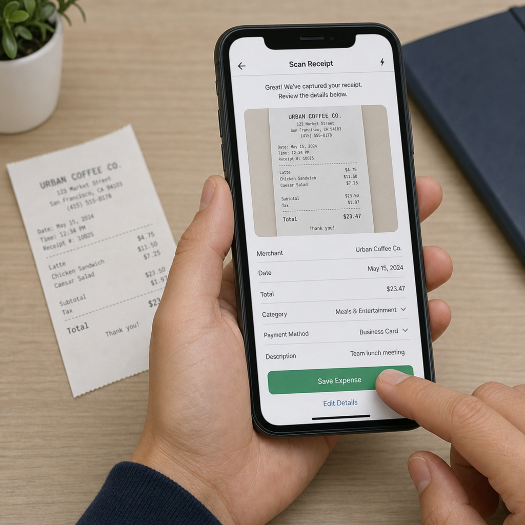 Person using a smartphone app to scan and track a business receipt in English