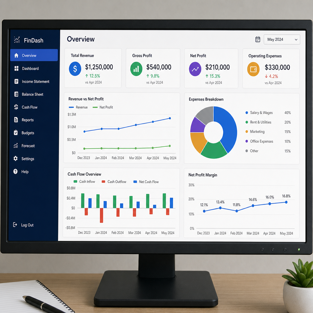 Financial dashboard on a computer screen showing charts and graphs of business performance in English