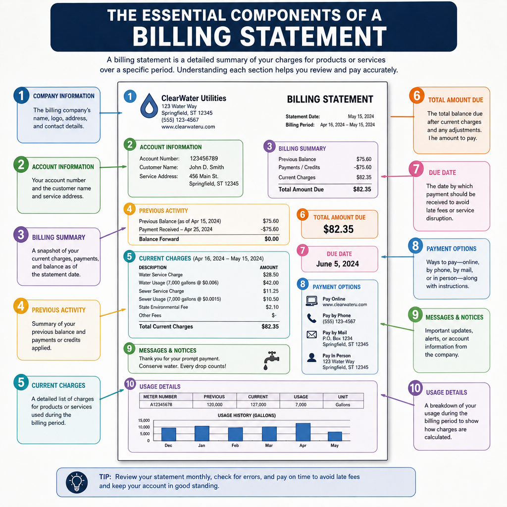 A detailed infographic showing the essential components of a billing statement