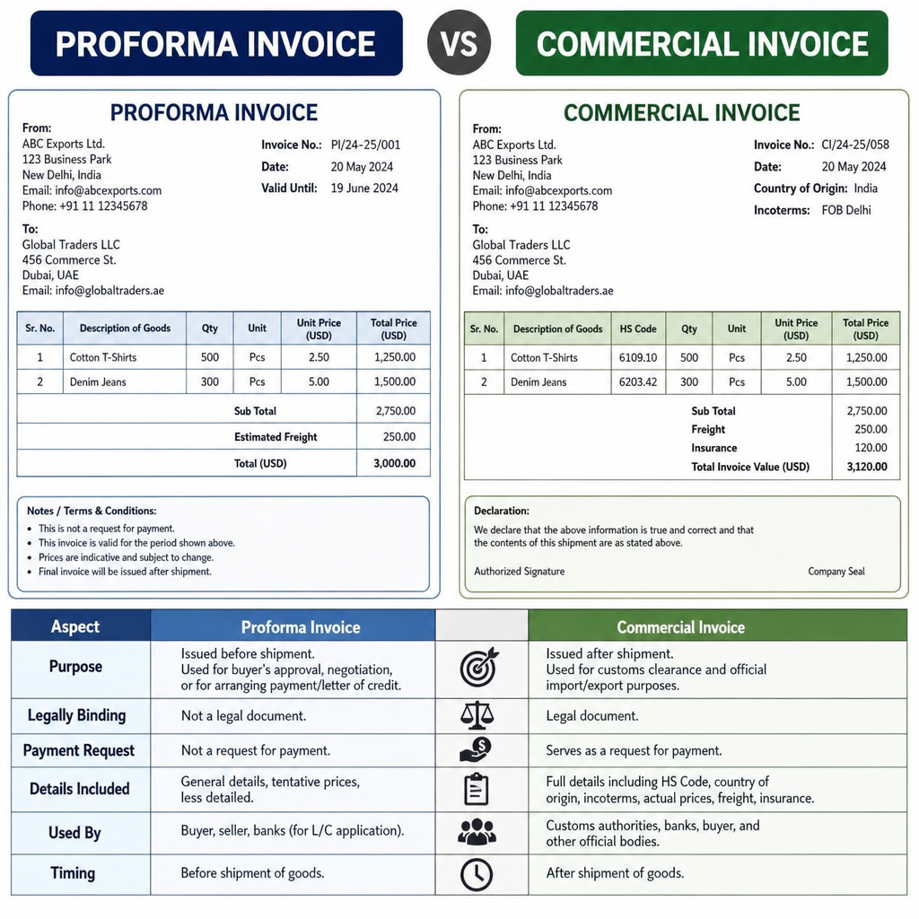 Side-by-side comparison of a proforma invoice vs commercial invoice