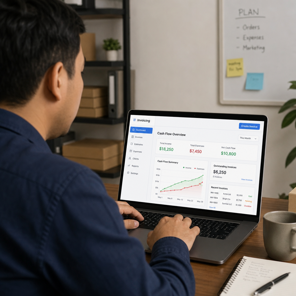 A business owner tracking cash flow using online invoicing software on a laptop