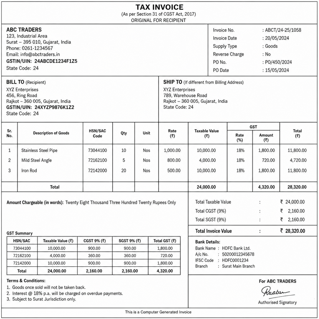Example of a tax invoice showing GST requirements