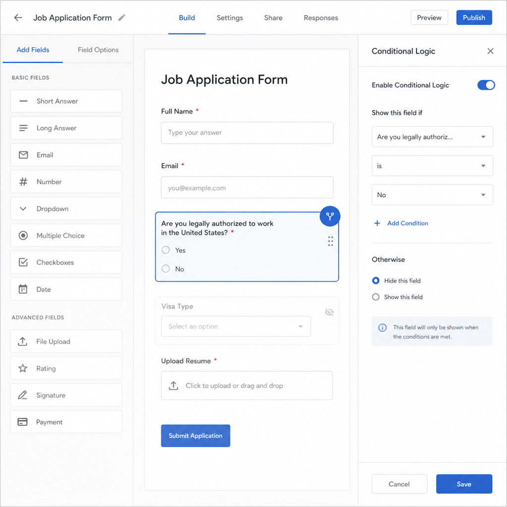 A user setting up conditional logic rules inside a no-code form builder dashboard