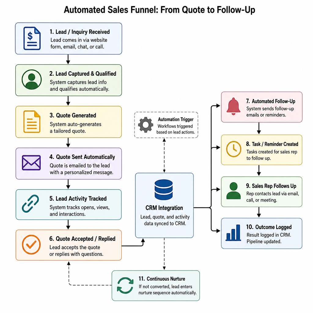 Flowchart illustrating an automated sales funnel from quote generation to CRM integration and follow-up