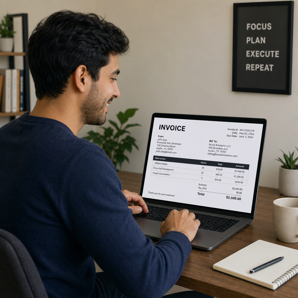 A freelancer working on a laptop, smiling at a professional invoice on screen in English