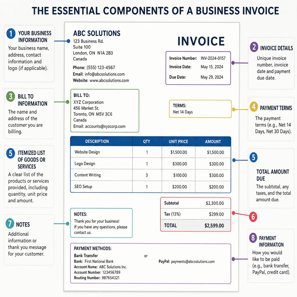 A visual breakdown of the essential components of a business invoice in English