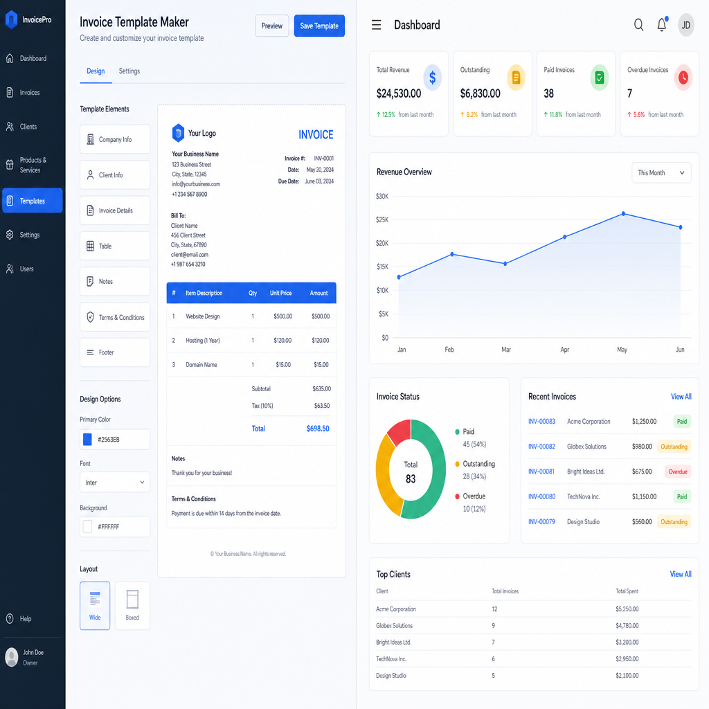 A split screen showing an invoice template maker alongside a modern dashboard in English