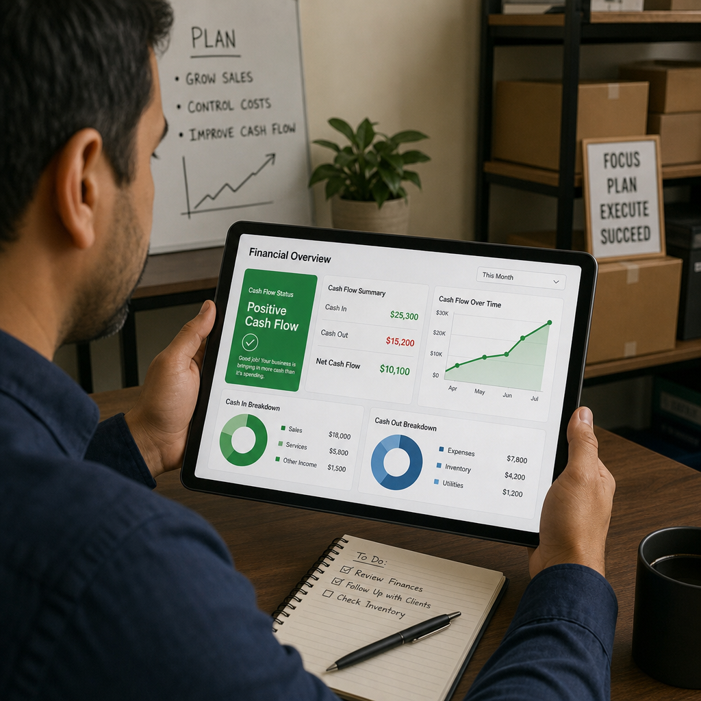 A business owner reviewing financial analytics on a tablet showing positive cash flow in English