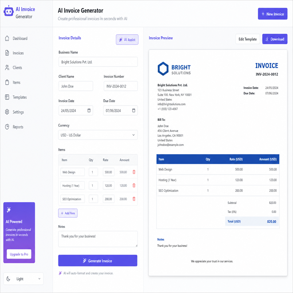 Digital interface of an AI invoice generator tool