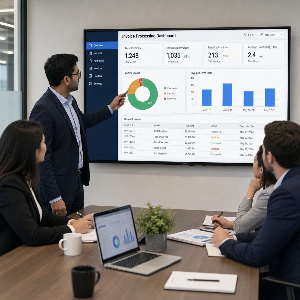 A professional finance team reviewing a digital dashboard for invoice processing in a modern office